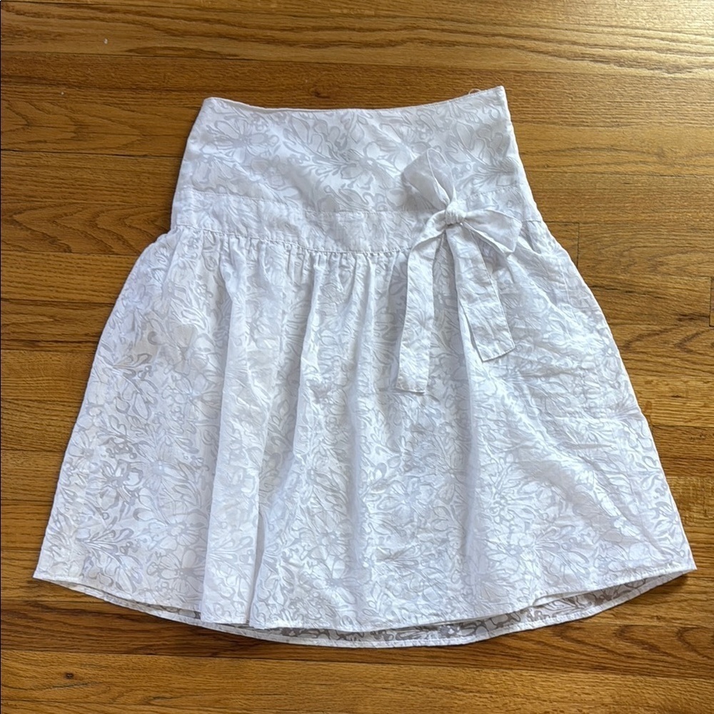 Willi Smith White Floral Midi Skirt Cotton Blend Bow Accent Size 4 Lined